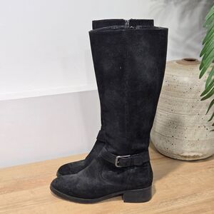 Donald Pliner Banc Tall Boots Black 7.5 M Brushed Suede Knee high Zip Buckle